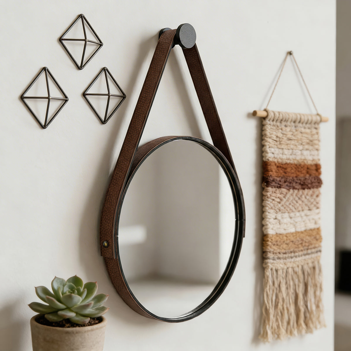 Espelho Redondo 40cm Decorativo com Alça em Couro Ecológico + Pendurador Incluso Moderno Parede