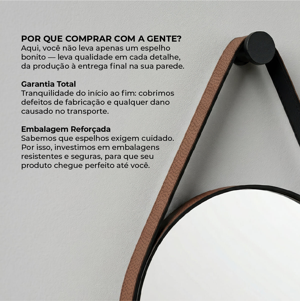 Espelho Redondo 40cm Decorativo com Alça em Couro Ecológico + Pendurador Incluso Moderno Parede