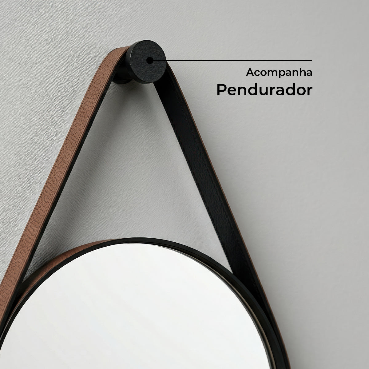 Espelho Redondo 50cm Decorativo com Alça em Couro Ecológico + Pendurador Incluso Moderno Parede