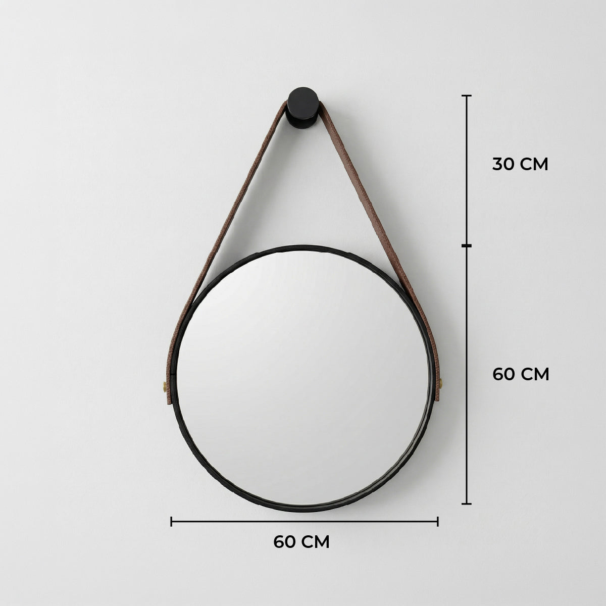 Espelho Redondo 60cm Decorativo com Alça em Couro Ecológico + Pendurador Incluso Moderno Parede