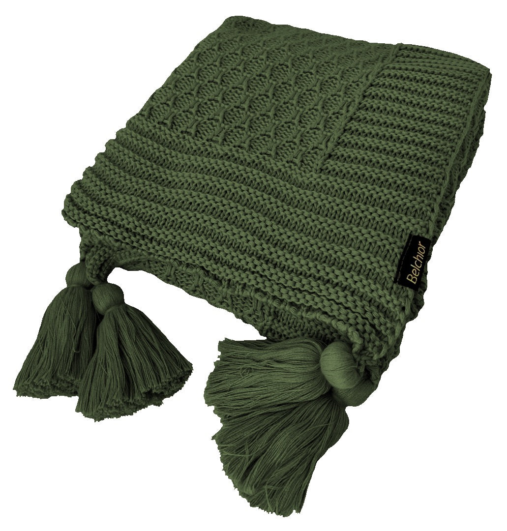 Manta Tricot Verde Militar  90x180 cm com Tassel - Colméia