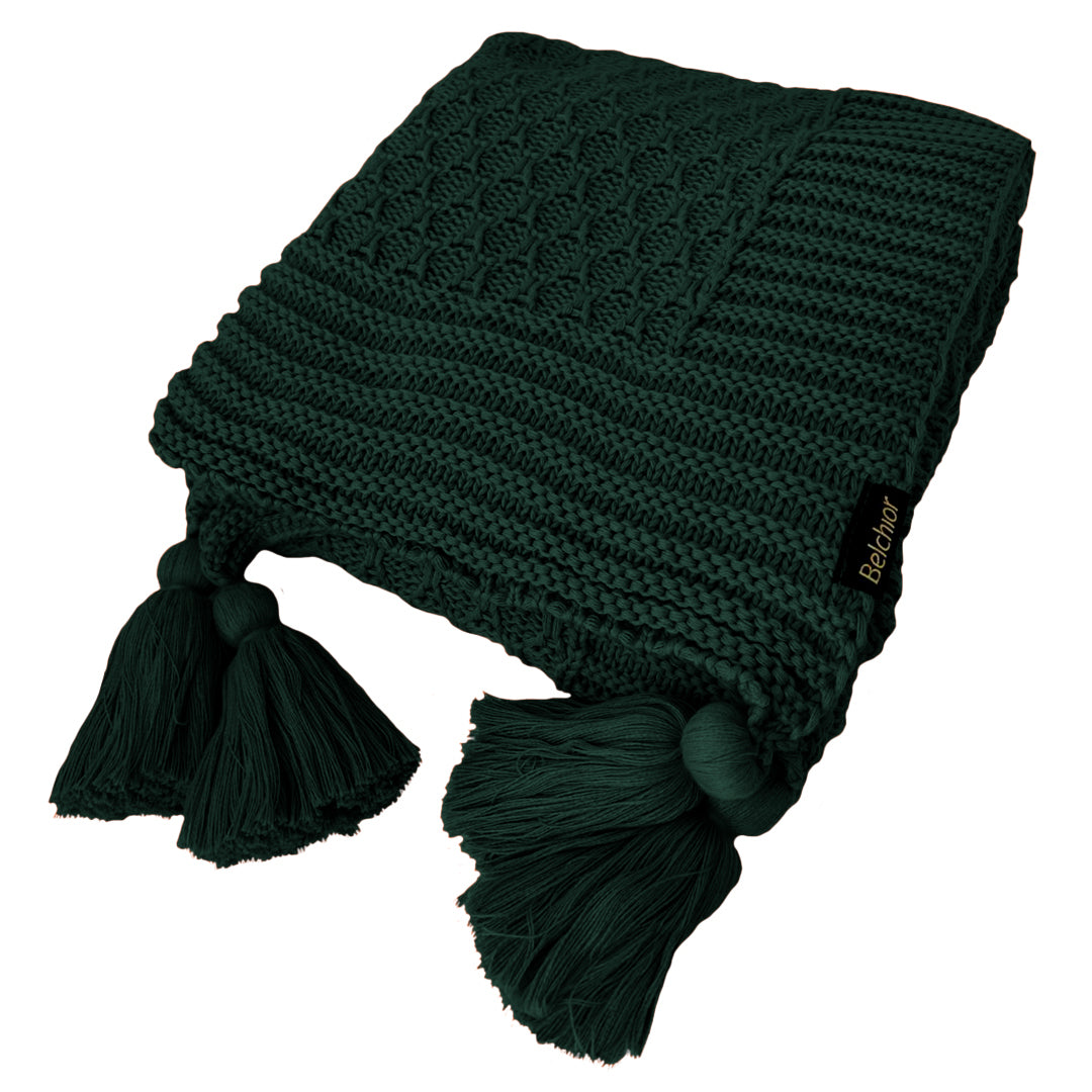 Manta Peseira de Tricot Verde Esmeralda 90x180 cm com Tassel - Colméia