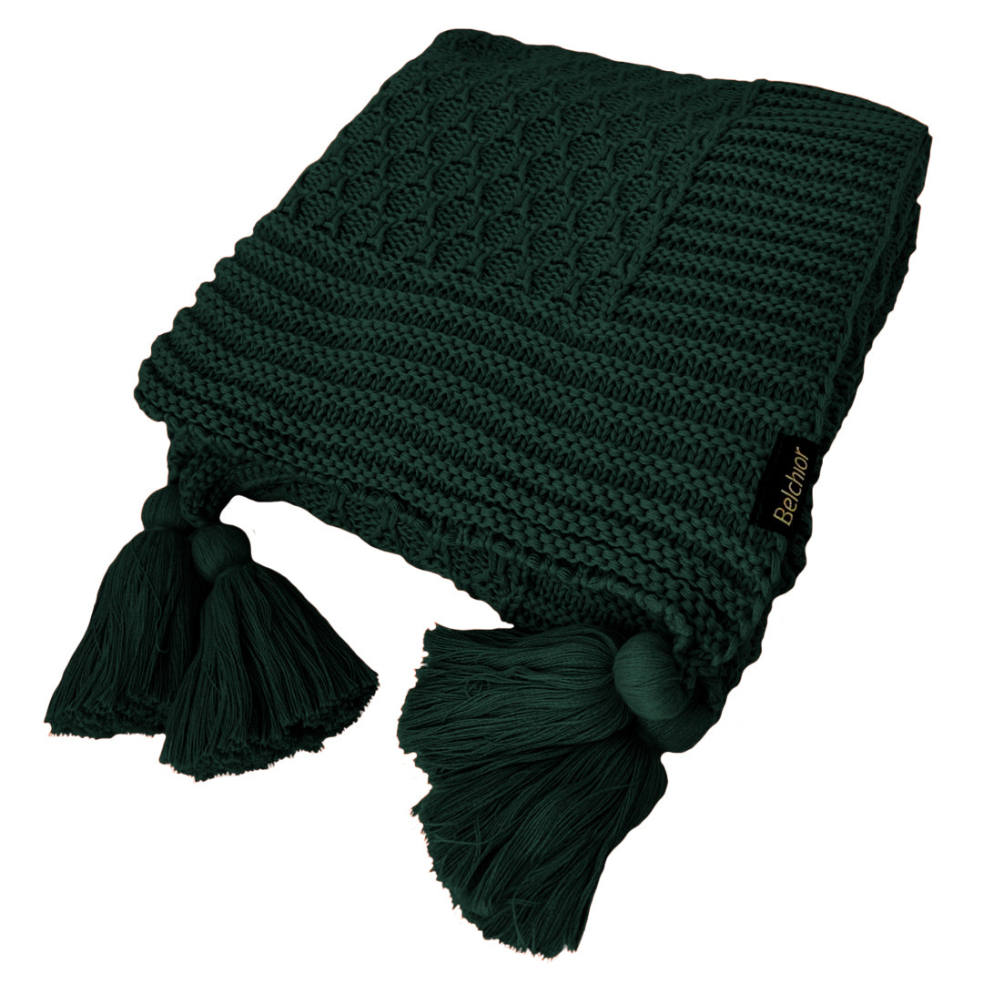 Manta Tricot Verde Esmeralda 90x180 cm com Tassel - Colméia