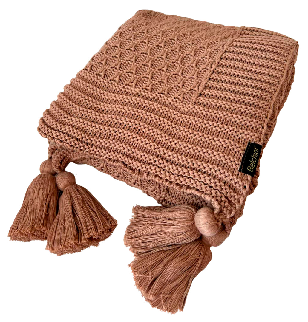 Manta Tricot Rosê 90x180 cm com Tassel - Colméia