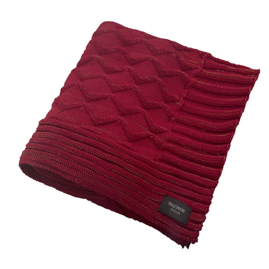 Manta Natalina em Tricot Vermelho com Linhas Douradas 90x180