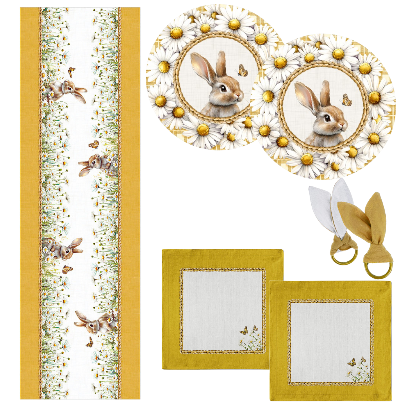 Kit 1 Caminho de Mesa + 2 Capas de Sousplat + 2 Guardanapos de Linho - Coelho Páscoa Amarelo