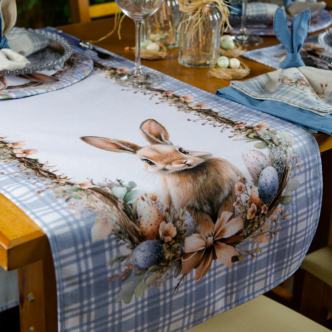 Caminho de Mesa Coelho Páscoa Xadrez Azul 43x141cm