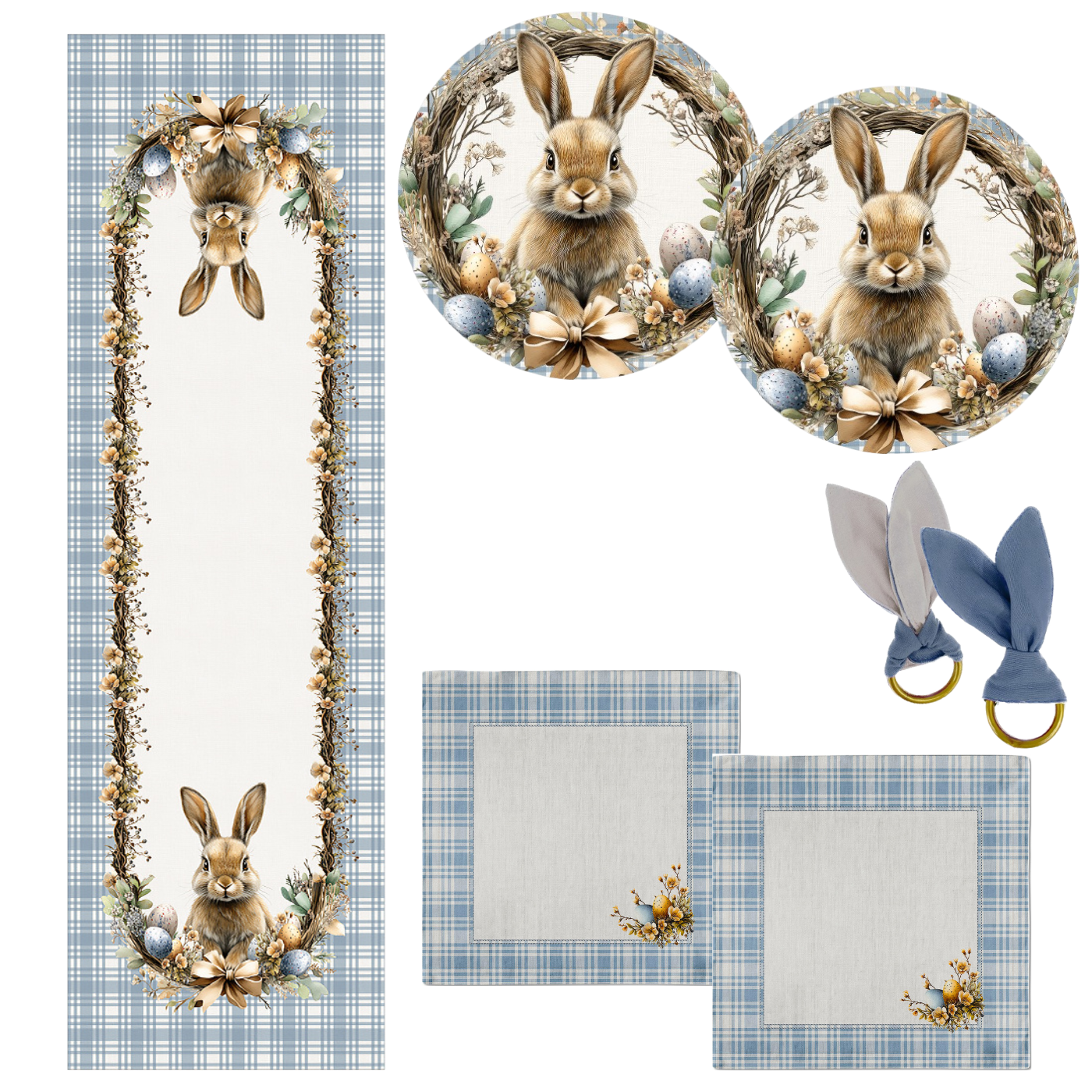 Kit 1 Caminho de Mesa + 2 Capas de Sousplat + 2 Guardanapos de Linho - Ovos de Páscoa Azul