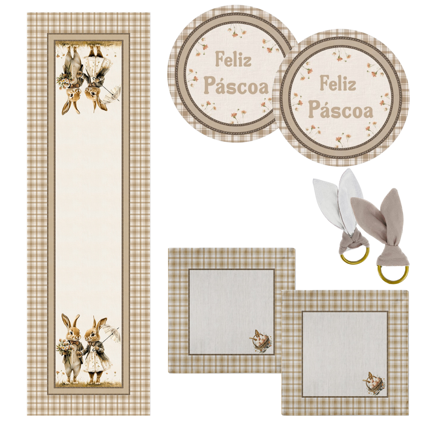Kit 1 Caminho de Mesa + 2 Capas de Sousplat + 2 Guardanapos de Linho - Páscoa Xadrez Bege