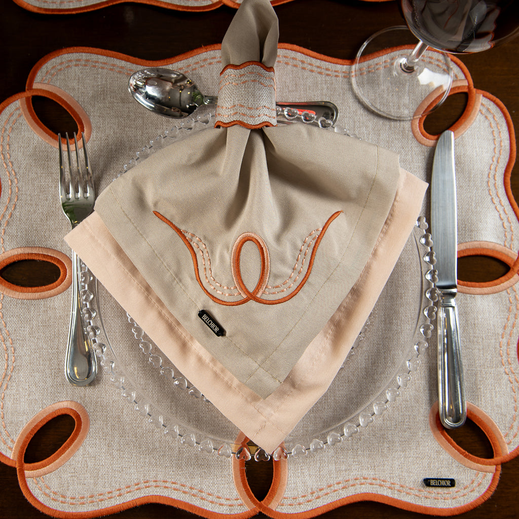 Kit 2 Guardanapos + 2 Porta Guardanapo - Concept Ondina Laranja Bordado