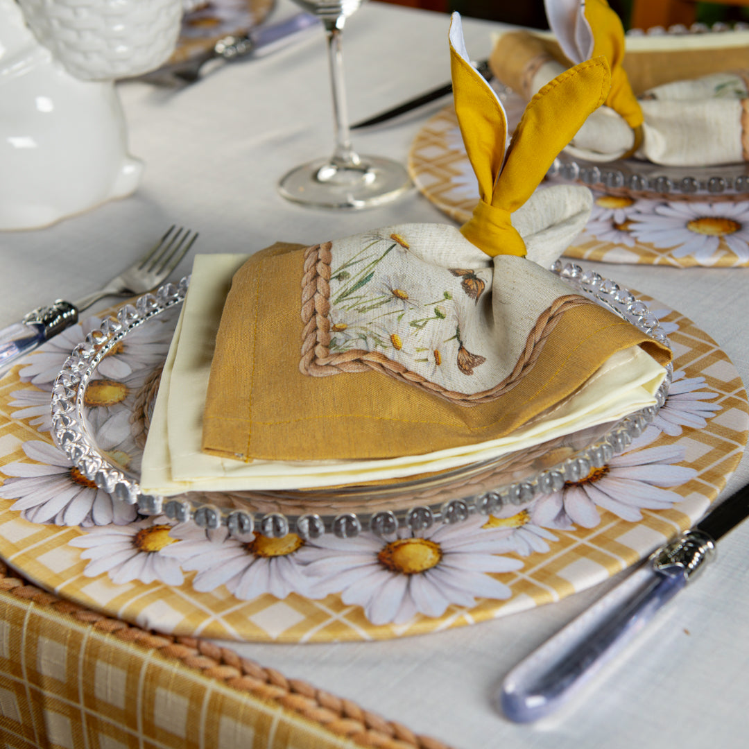 Kit 1 Caminho de Mesa + 2 Capas de Sousplat + 2 Guardanapos de Linho - Coelho Páscoa Amarelo