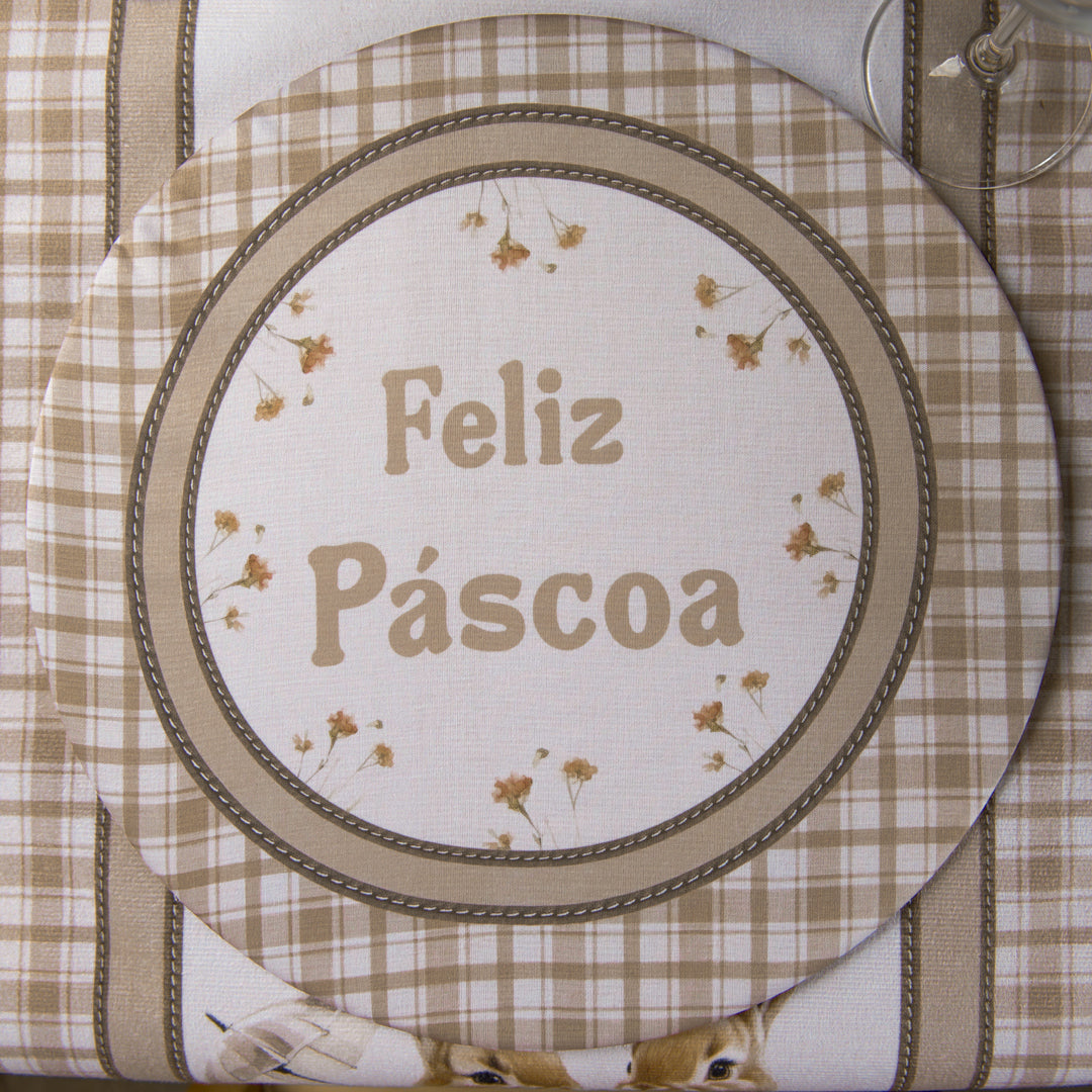 Kit 2 Capas de Sousplat + 2 Guardanapos de Linho - Páscoa Xadrez Bege