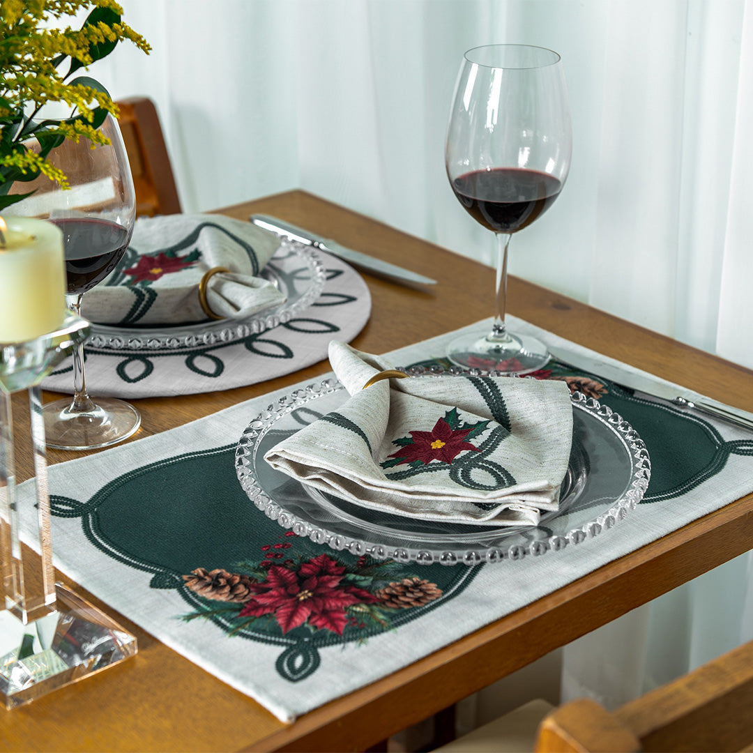 Kit 2 Jogo Americano Flor de Natal e Pinhas c/ Hidrorrepelência 48x31cm