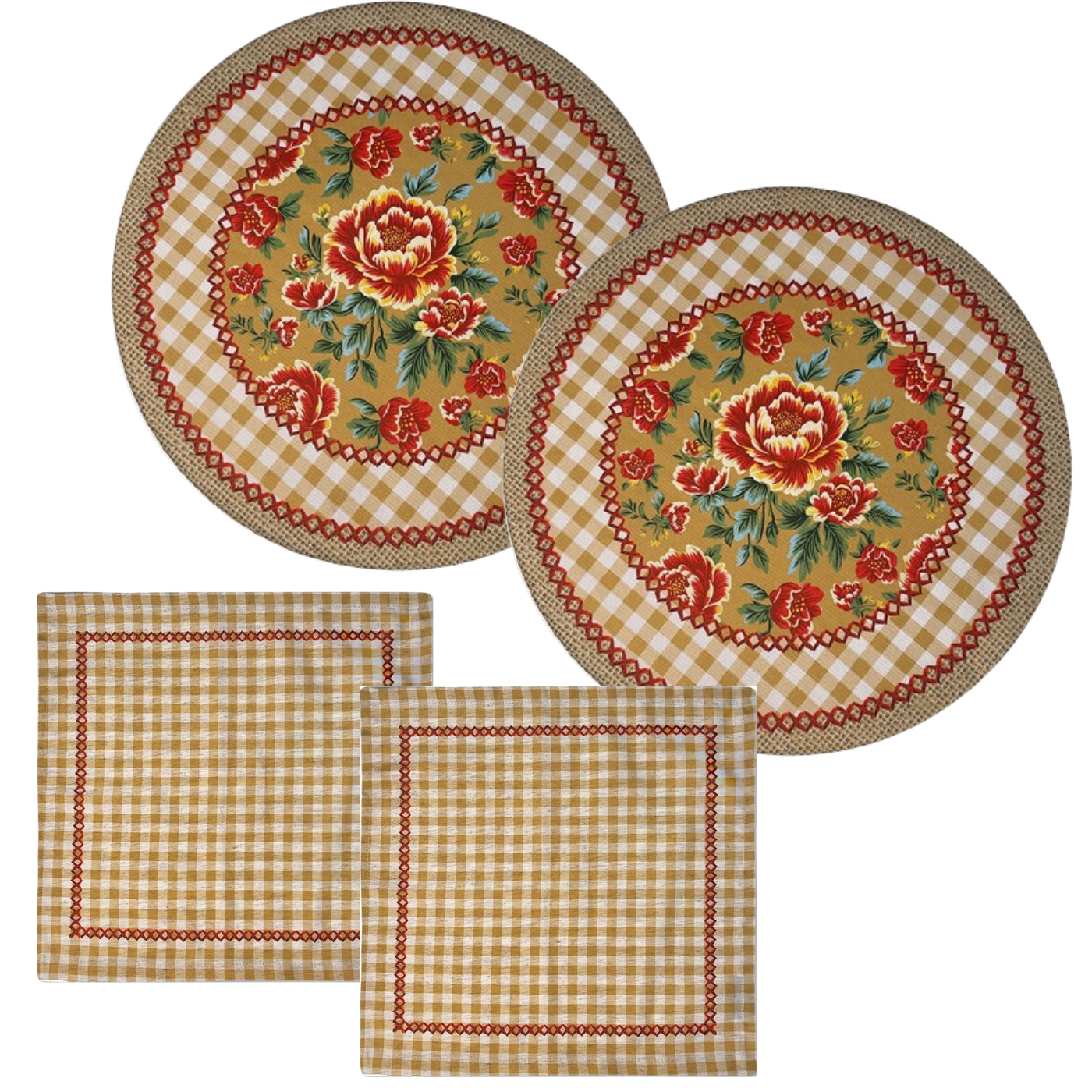 Kit 2 Capas de Sousplat + 2 Guardanapos de Linho - São João Rosas