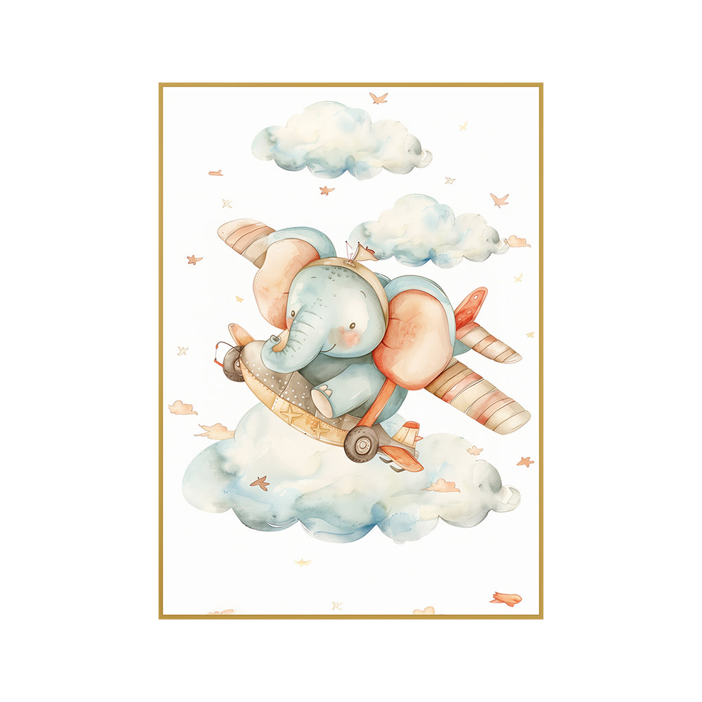 Quadro Infantil Elefante Tela Fosca Moldura Amadeirada - Pequeno 32x42cm
