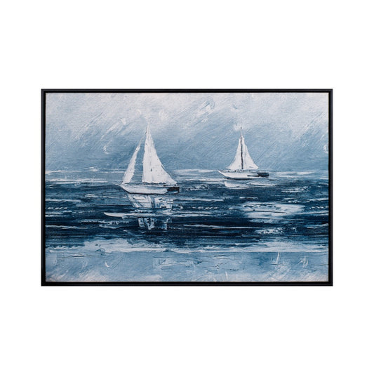 Quadro Barco ao Mar Tela em Tecido Moldura 3D Preta - Médio 90x60cm