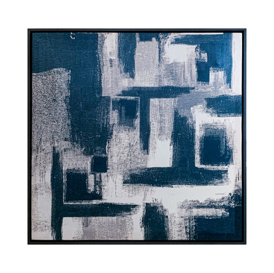 Quadro Abstrato Azul Tela em Tecido Moldura 3D Preta - Médio 60x60cm