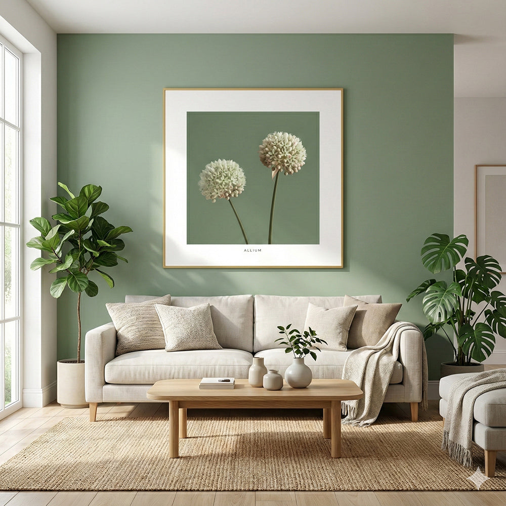 Quadro Flor de Allium Tela Fosca Moldura Amadeirada - Pequeno 40x40cm