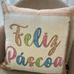 Capa Almofada de Veludo Feliz Páscoa Branca e Bege 43x43cm