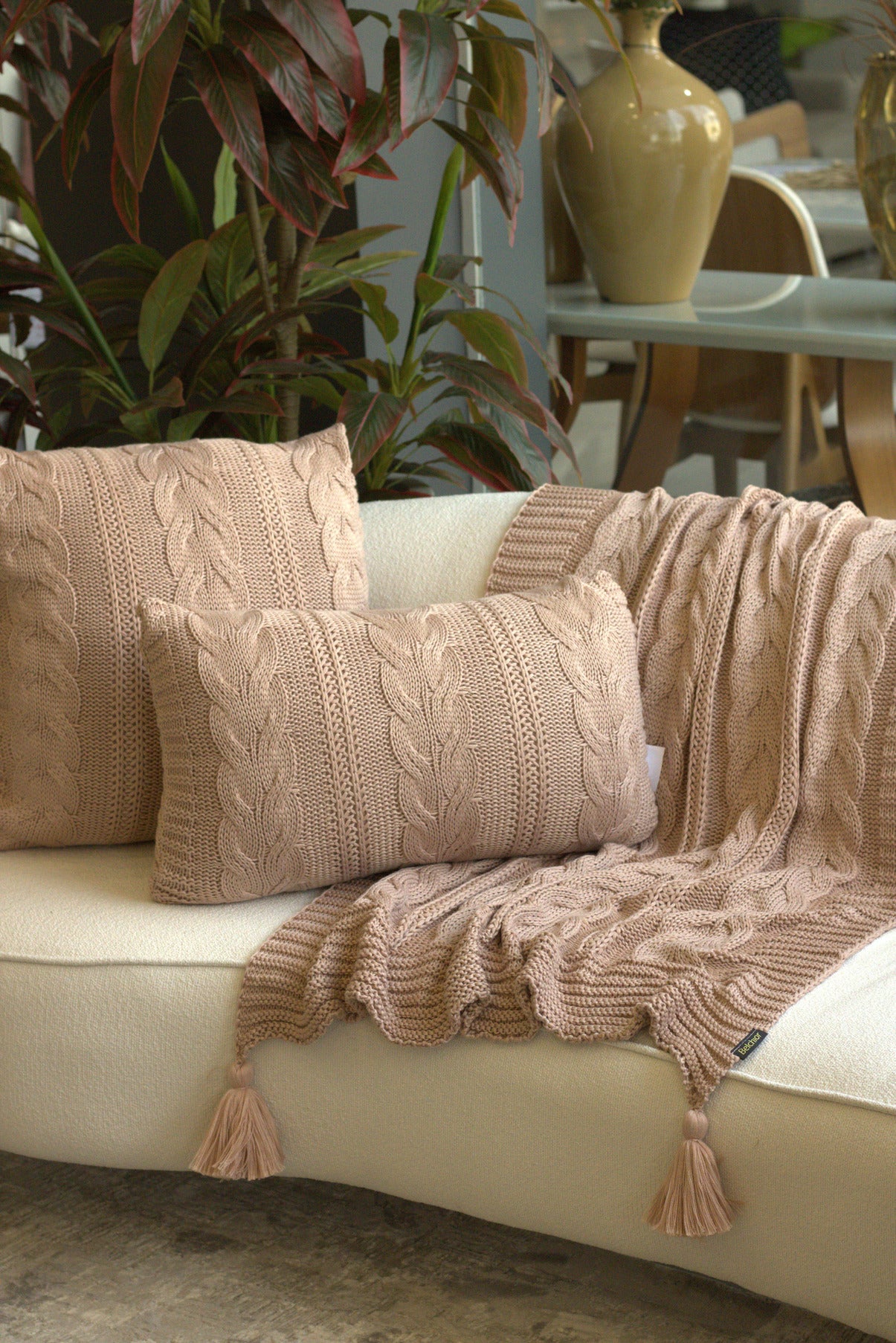 Manta Tricot Rosê 90x180 cm com Tassel - Trançada