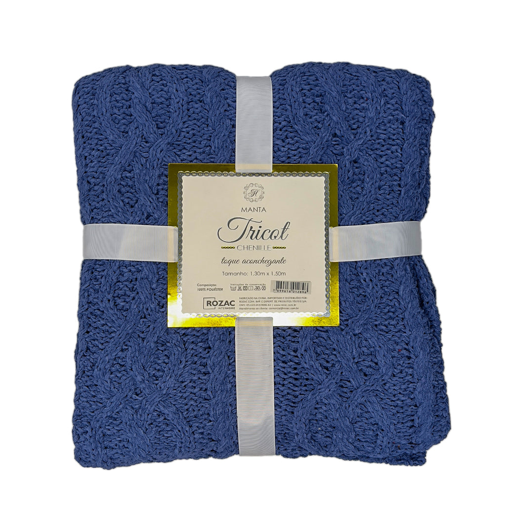 Manta Tricot Trançada Azul 130x150 cm - Chenille