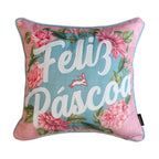 Capa Almofada Aveludada Bordada Rosa Feliz Páscoa 43x43cm