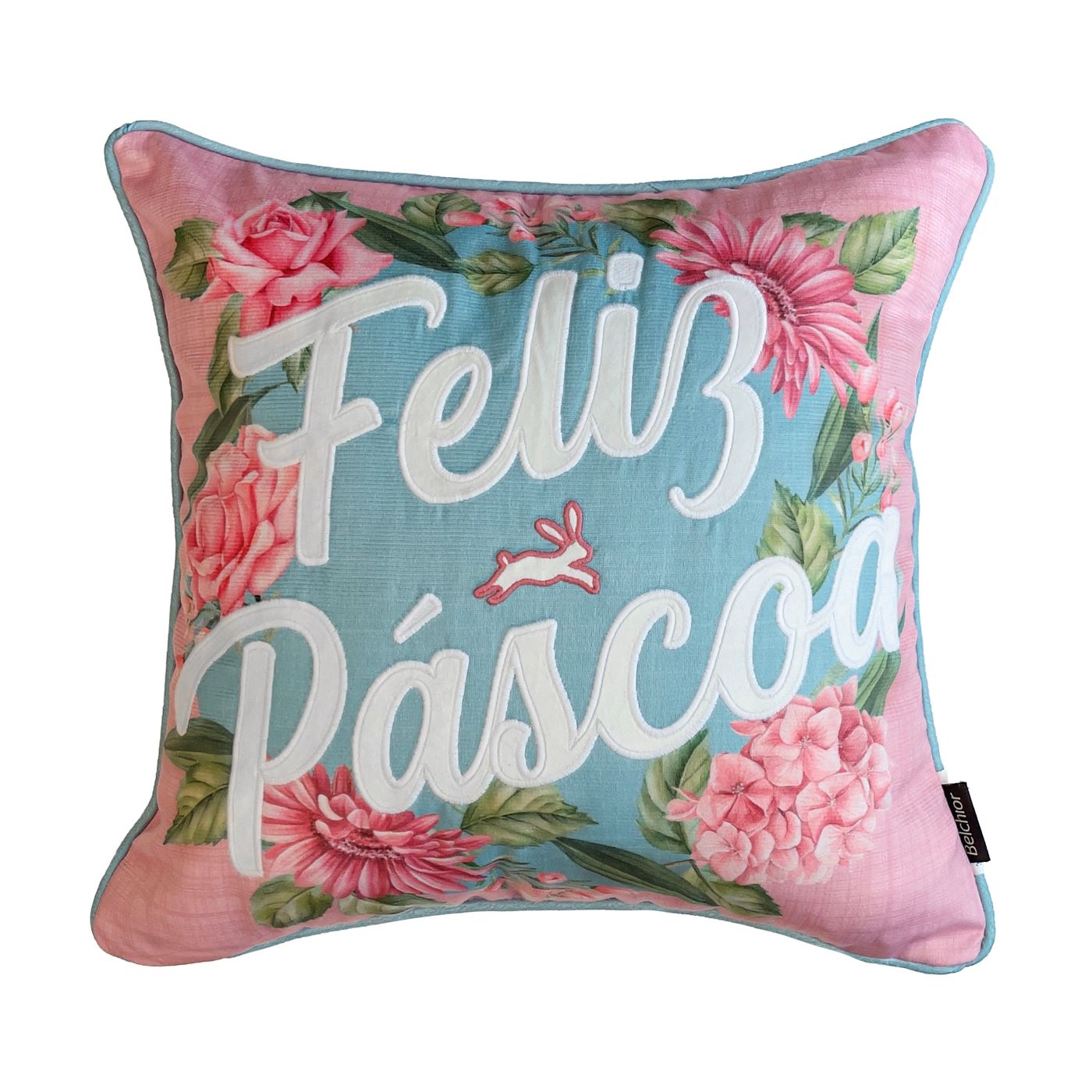 Capa Almofada Aveludada Bordada Rosa Feliz Páscoa 43x43cm