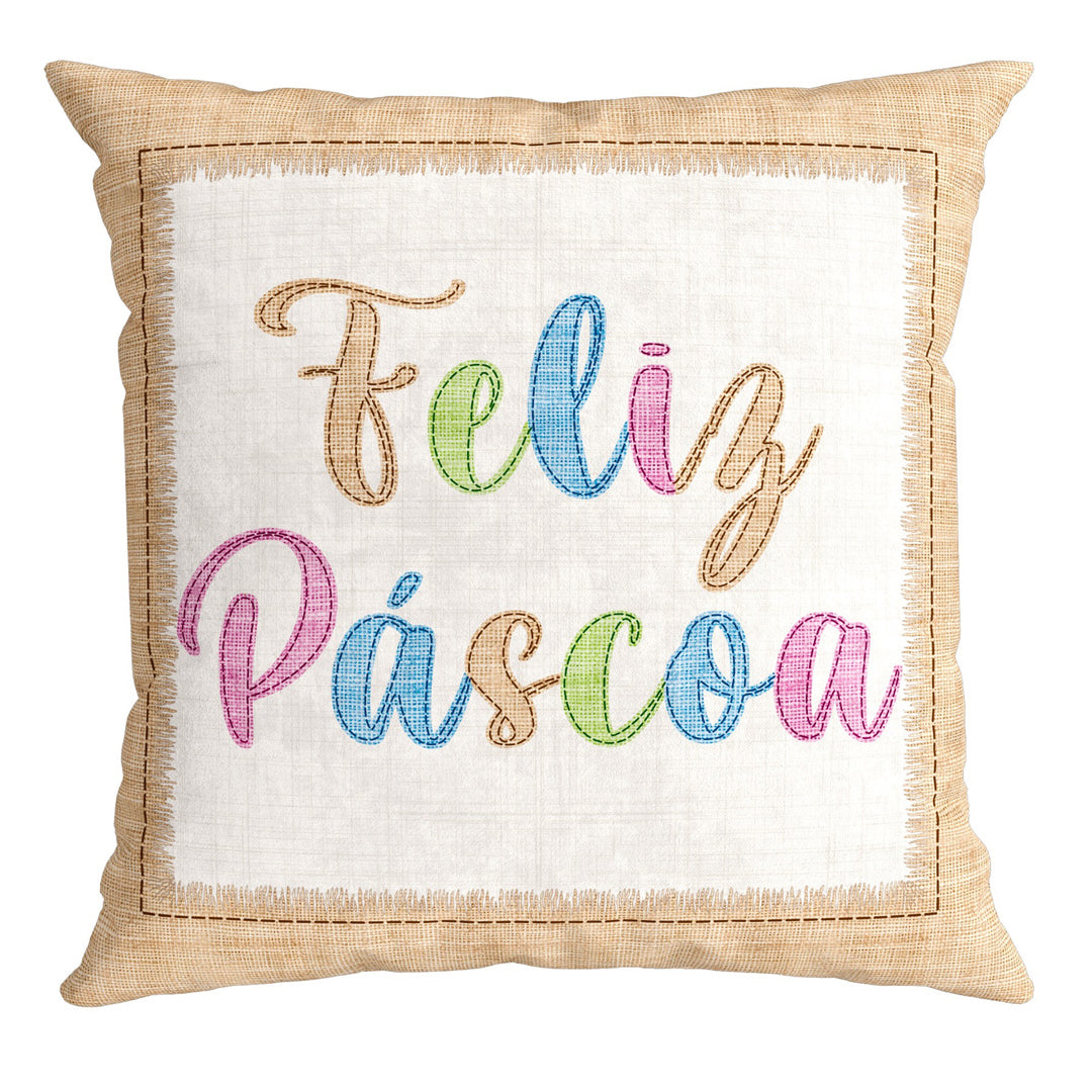 Capa Almofada de Veludo Feliz Páscoa Branca e Bege 43x43cm