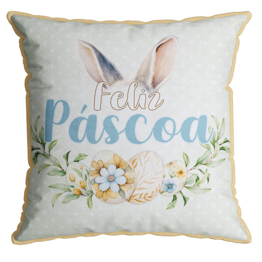 Capa Almofada Aveludada Coelho Ovo Páscoa c/ Cordonê 43x43cm