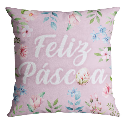 Capa Almofada Aveludada Feliz Páscoa Ovo e Flores 43x43cm