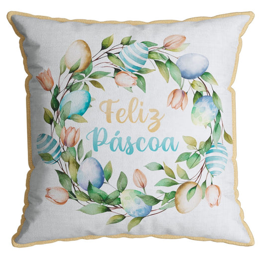 Capa Almofada Aveludada Feliz Páscoa Ovos c/ Cordonê 43x43cm