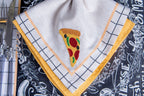 Kit 2 Guardanapos Linho Bordado Pizza 40x40 + 2 Argolas