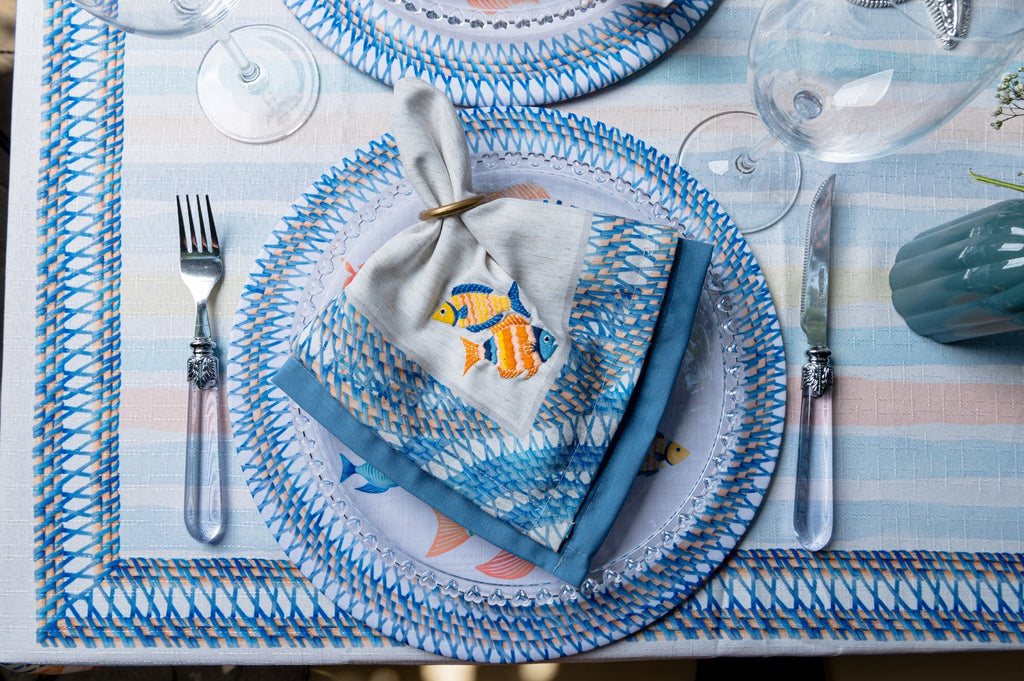 Kit 2 Guardanapos Linho Bordado Acqua Azul 40x40 + 2 Argolas