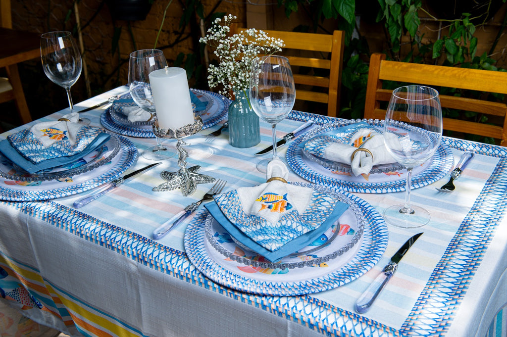 Kit 2 Guardanapos Linho Bordado Acqua Azul 40x40 + 2 Argolas