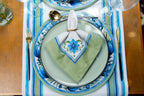 Kit 2 Guardanapos Linho Bordado Flor Azul 40x40 + 2 Argolas