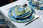 Kit 2 Guardanapos Linho Bordado Flor Azul 40x40 + 2 Argolas