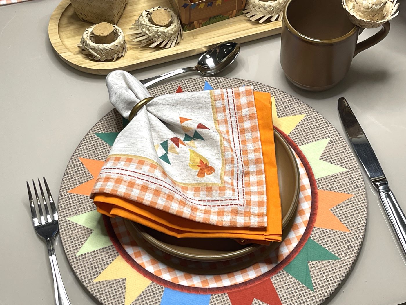 Kit 2 Guardanapos Linho São João - Xadrez Fogueira + 2 Argolas