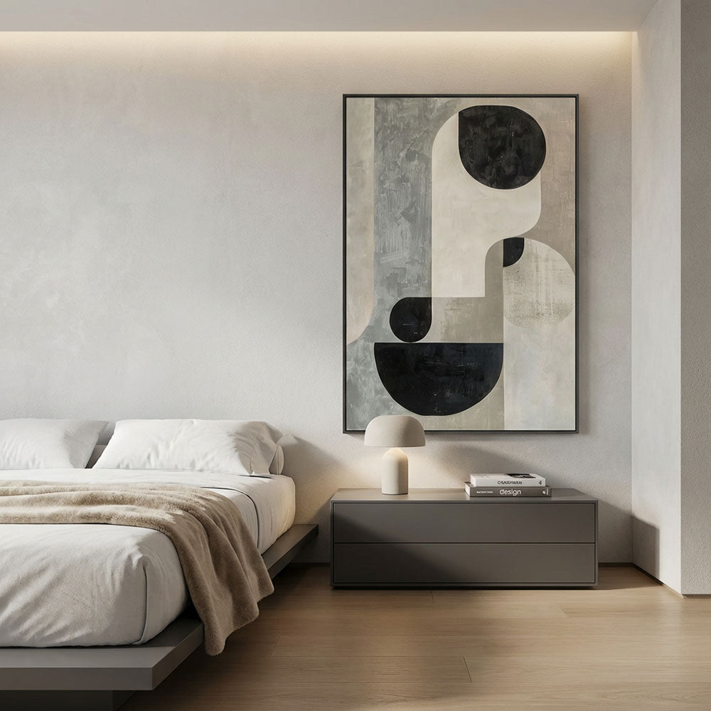 Quadro Boho Abstrato Tela em Tecido Moldura 3D Preta - Grande 80x100cm