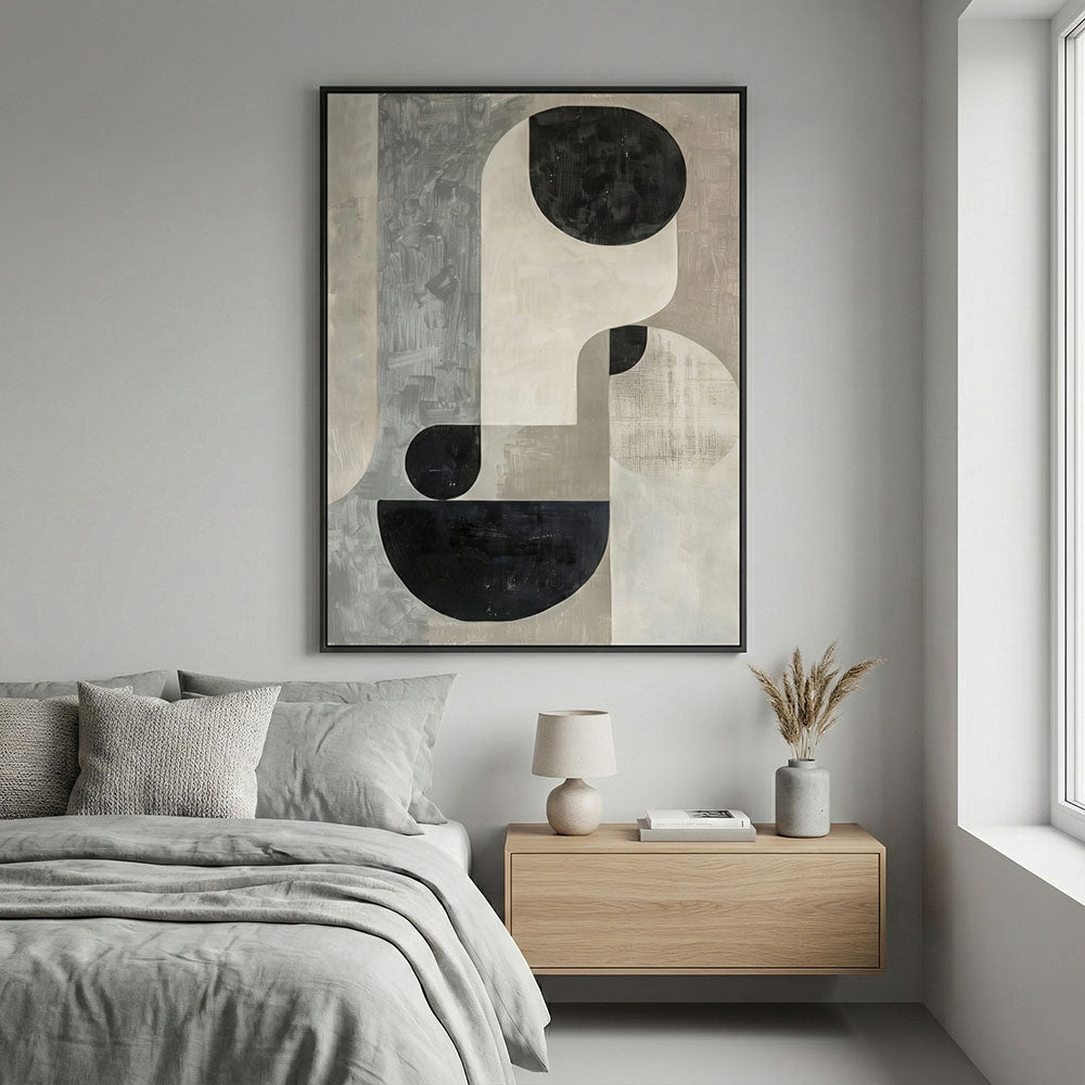 Quadro Boho Abstrato Tela em Tecido Moldura 3D Preta - Grande 80x100cm