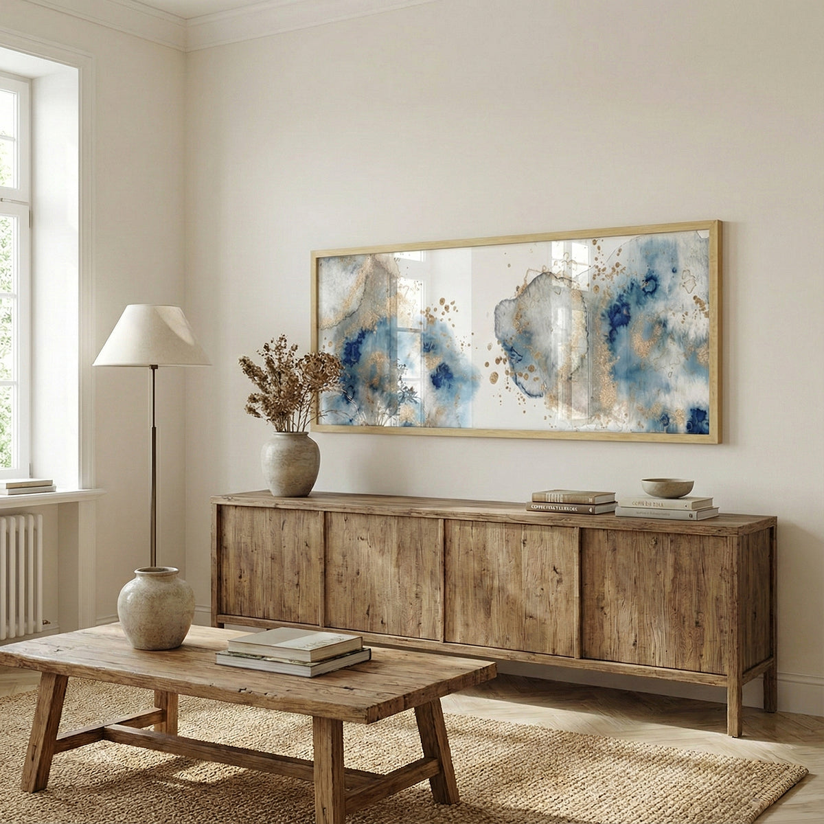 Quadro Abstrato Azul com e sem Vidro Moldura Amadeirada - Médio 94x34cm