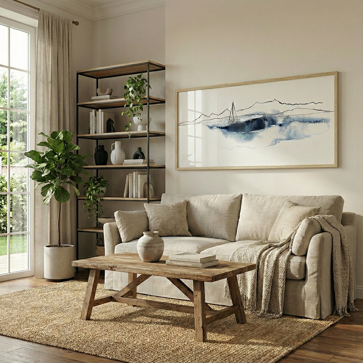 Quadro Barco no Mar com e sem Vidro Moldura Amadeirada - Médio 94x34cm