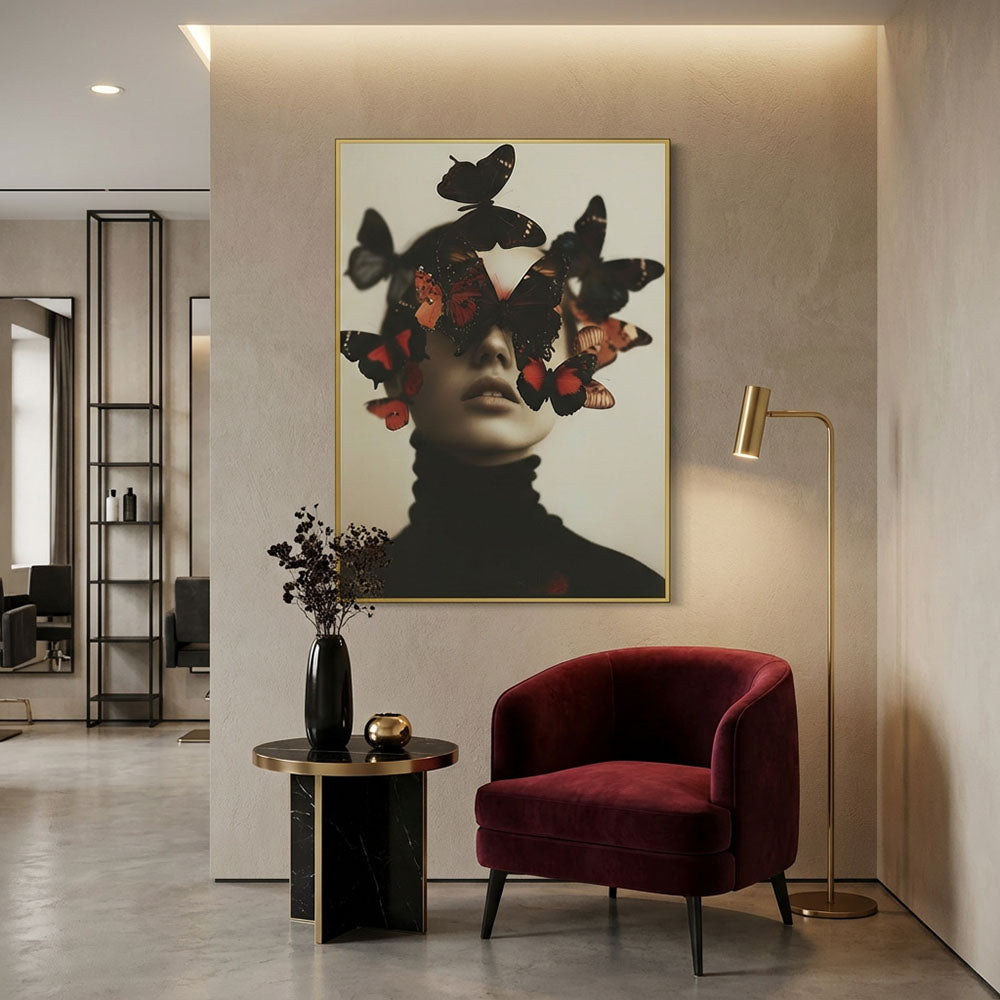 Quadro Mulher e Borboletas com e sem Vidro Moldura Amadeirada - Grande 80x120cm