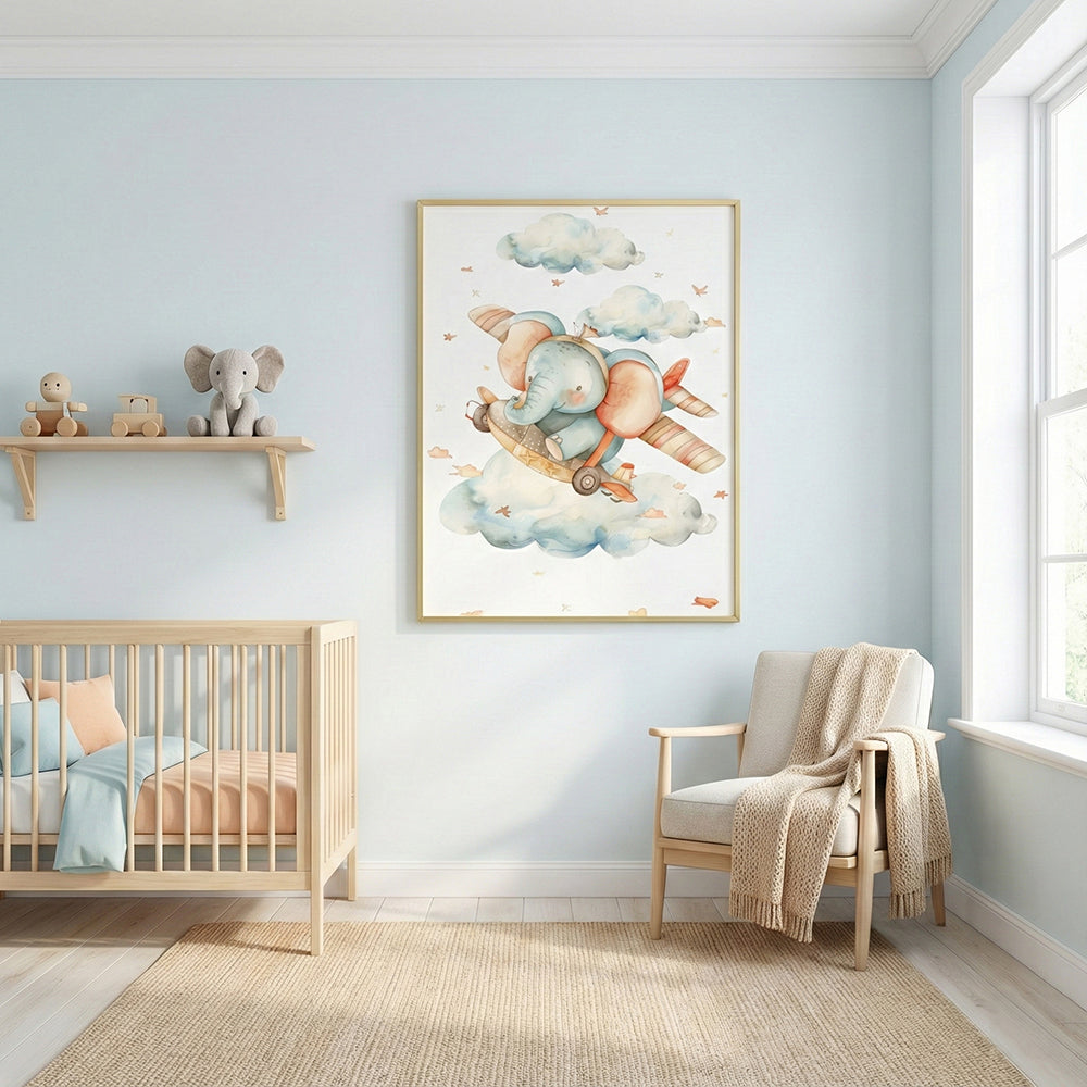 Quadro Infantil Elefante Tela Fosca Moldura Amadeirada - Pequeno 32x42cm