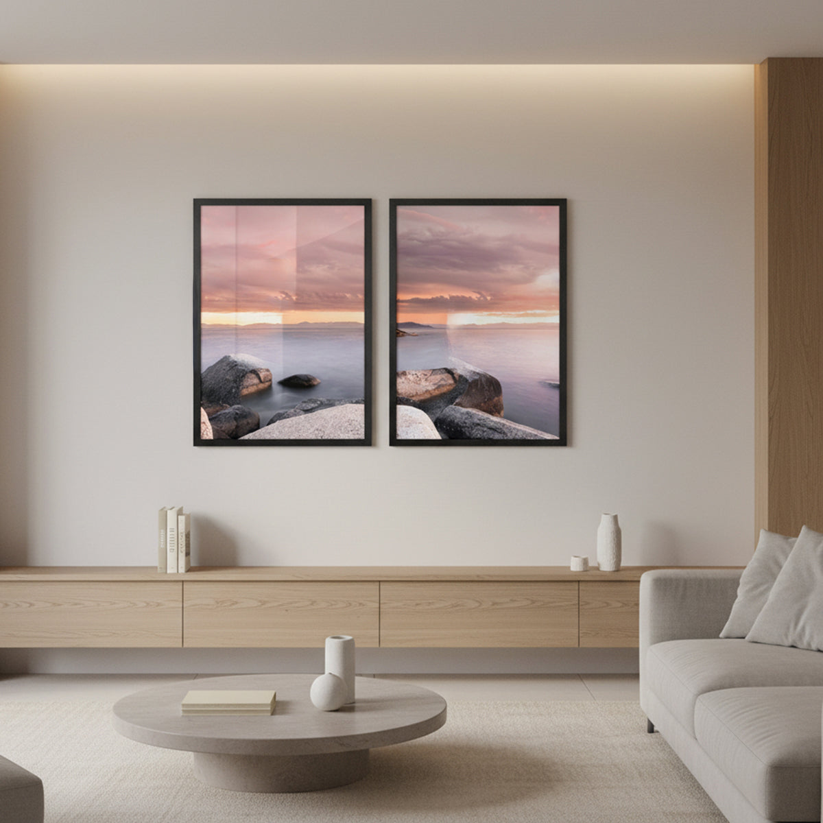 Kit 2 Quadros Céu e Mar com e sem Vidro Moldura Preta - Médio 50x70cm