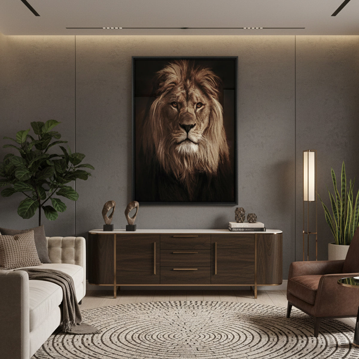 Quadro Leão Fundo Preto com e sem Vidro Moldura 3D Preta - Grande 80x100cm