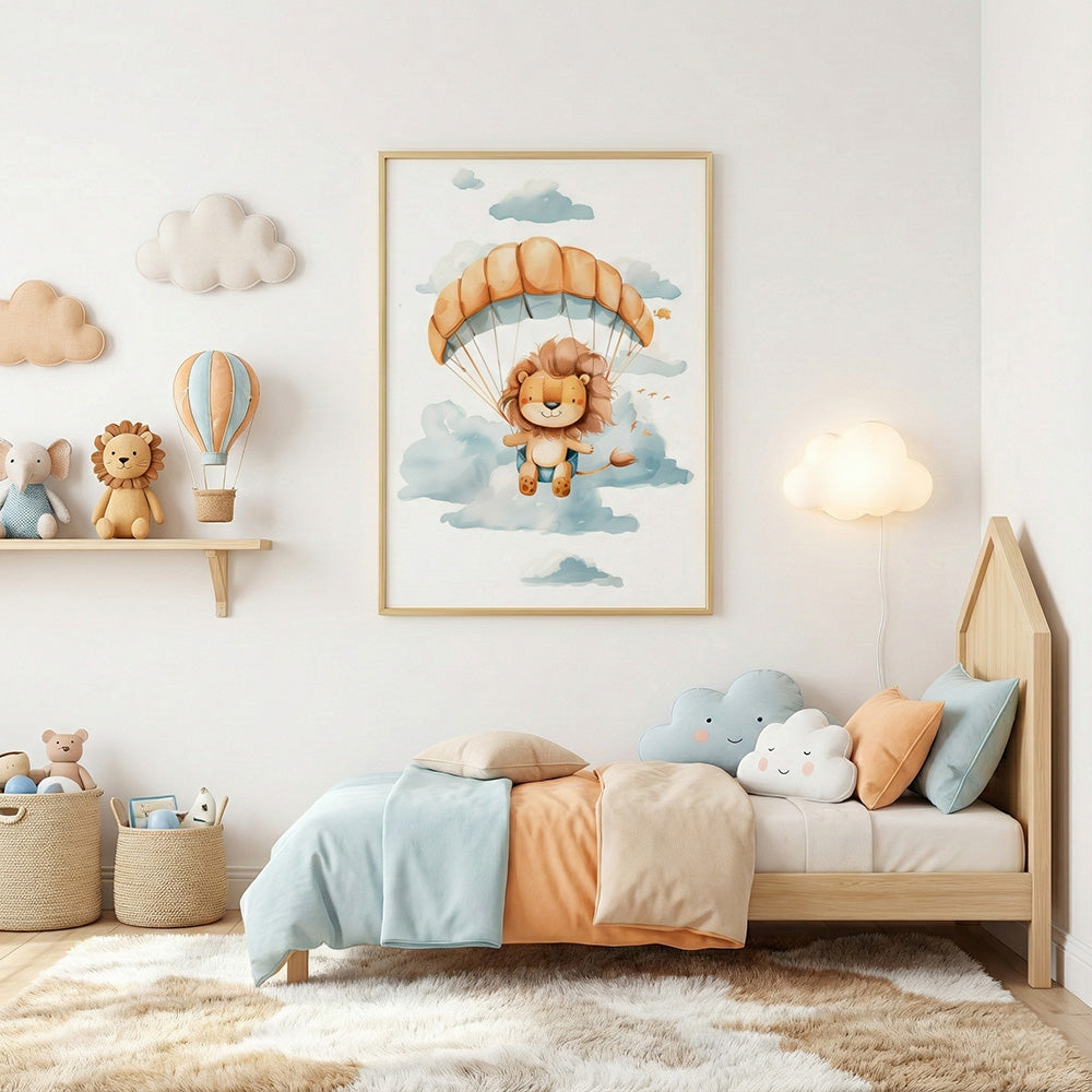 Quadro Infantil Leão Tela Fosca Moldura Amadeirada - Pequeno 32x42cm