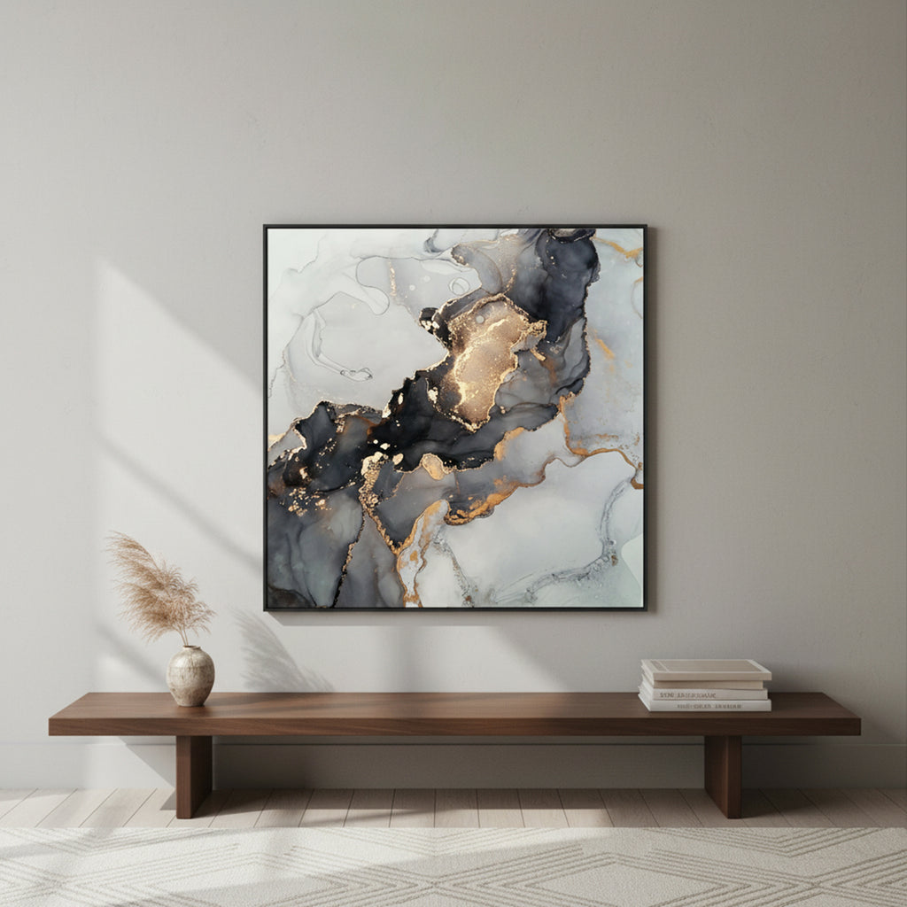 Quadro Abstrato Dourado Tela em Tecido Moldura 3D Preta - Médio 60x60cm