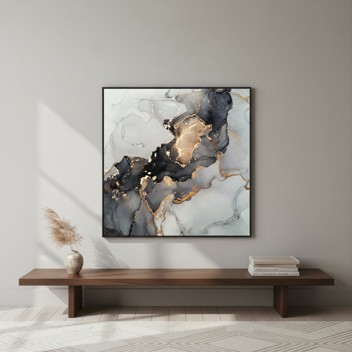 Quadro Abstrato Dourado Tela em Tecido Moldura 3D Preta - Médio 60x60cm