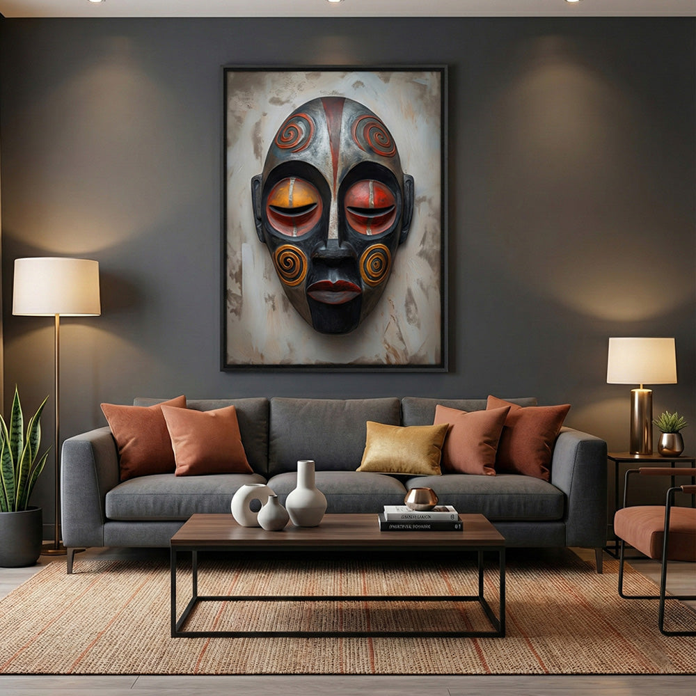 Quadro Máscara Africana com e sem Vidro  Moldura 3D Preta - Grande 80x120cm