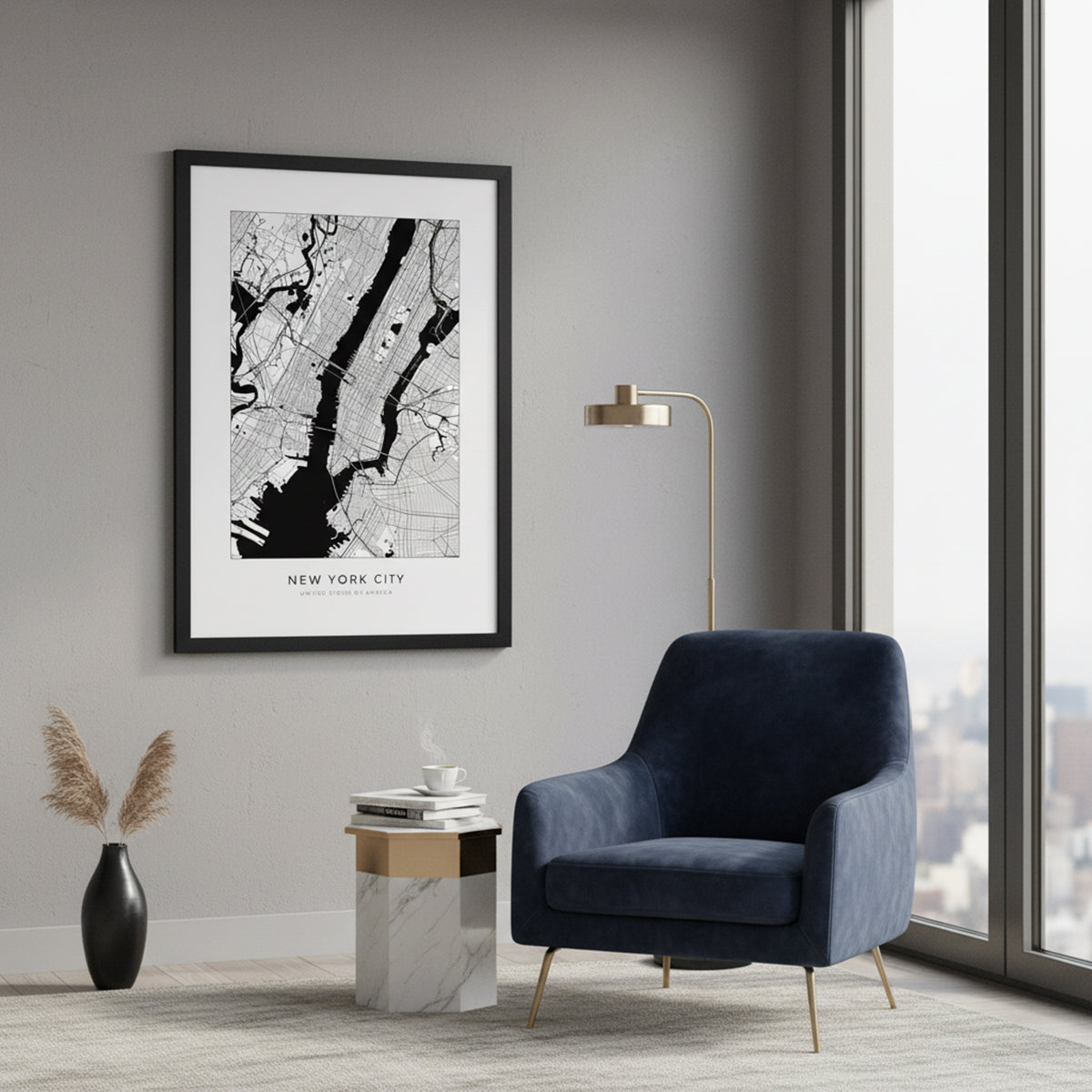 Quadro Cidade Nova York Tela Fosca Moldura Preta - Médio 50x70cm